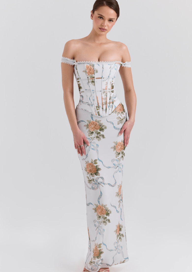Isis Vintage Print Corset Maxi Dress - Soft Blu - ShopLorca