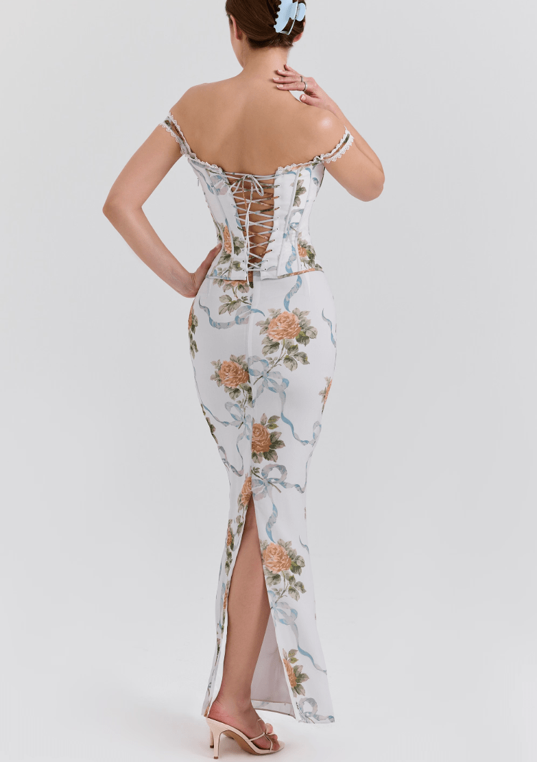 Isis Vintage Print Corset Maxi Dress - Soft Blu - ShopLorca