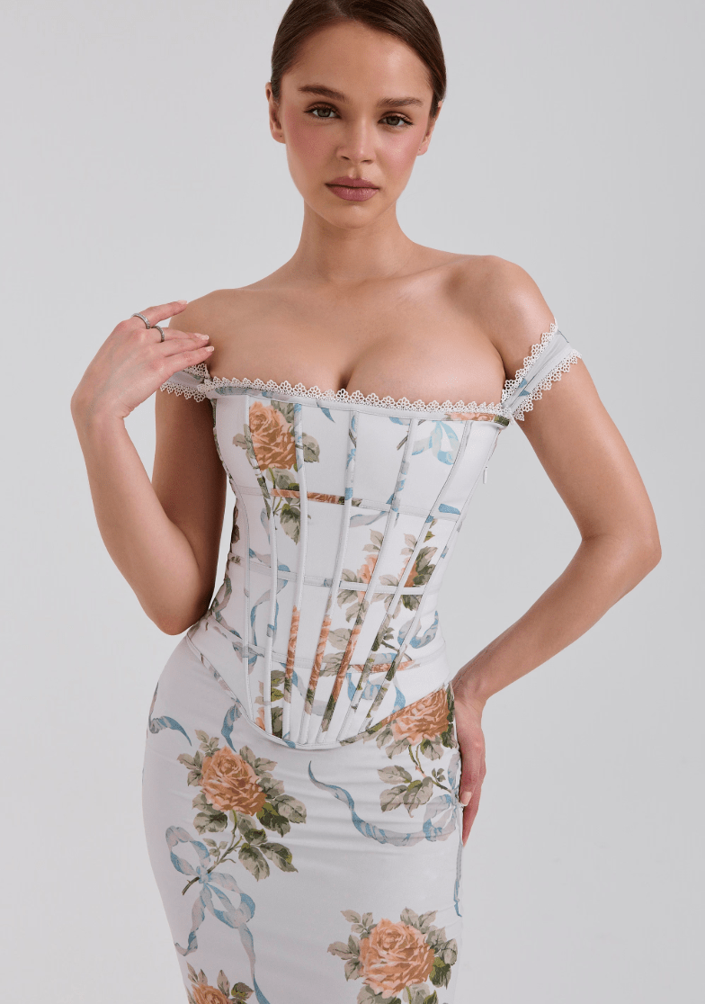 Isis Vintage Print Corset Maxi Dress - Soft Blu - ShopLorca