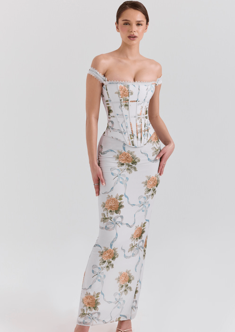 Isis Vintage Print Corset Maxi Dress - Soft Blu - ShopLorca