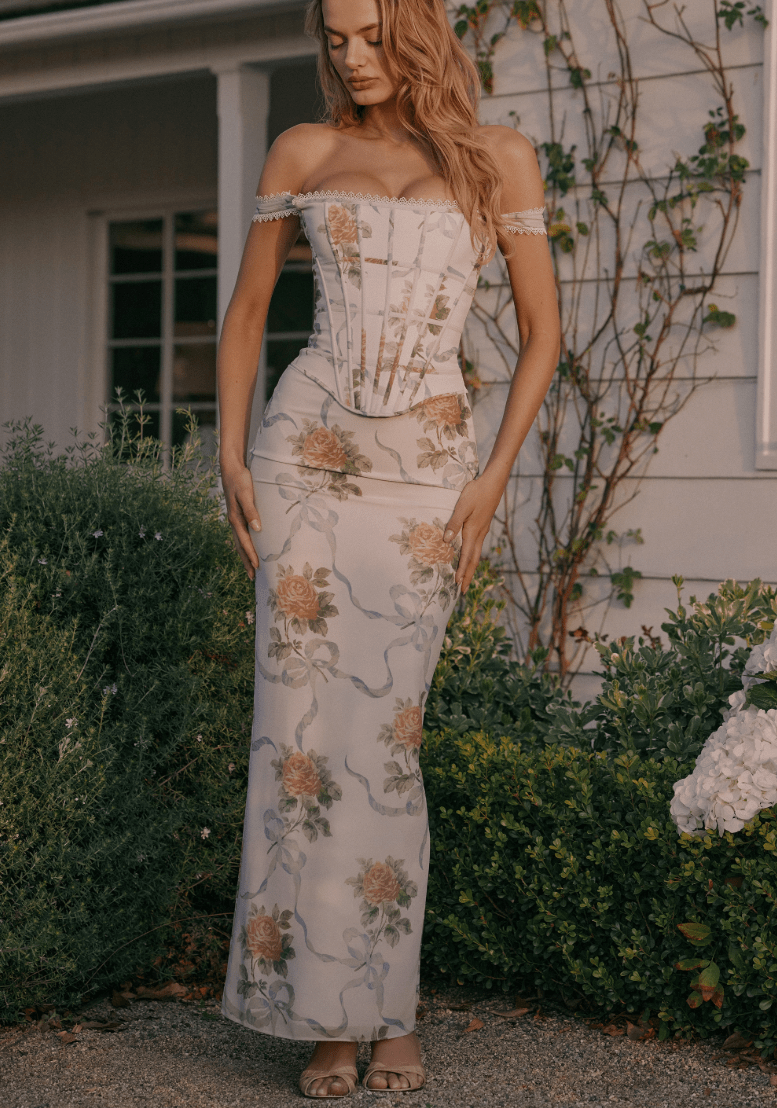 Isis Vintage Print Corset Maxi Dress - Soft Blu - ShopLorca