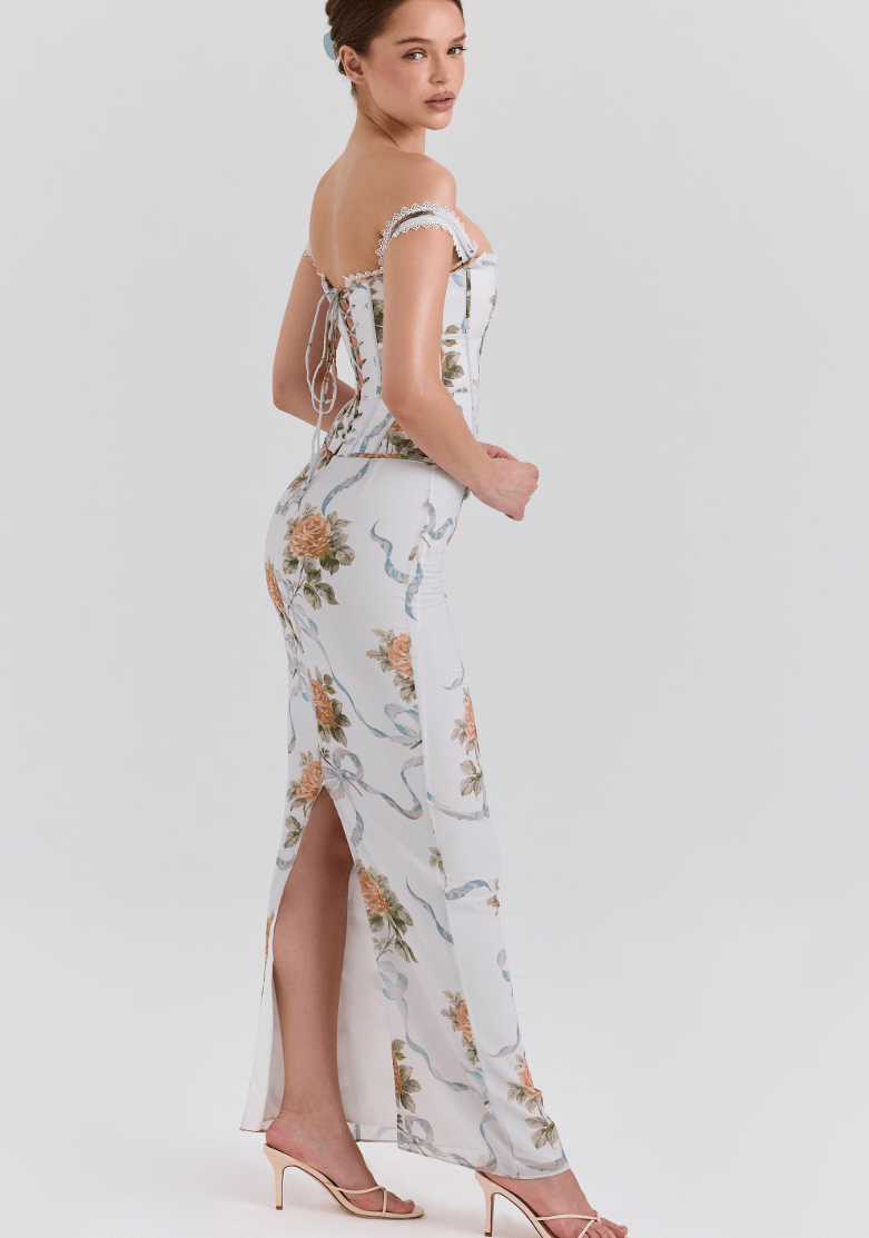 Isis Vintage Print Corset Maxi Dress - Soft Blu - ShopLorca