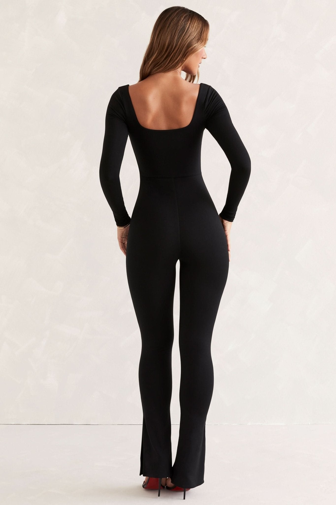 Long Sleeve Square Neck Jumpsuit in Black - ShopLorca