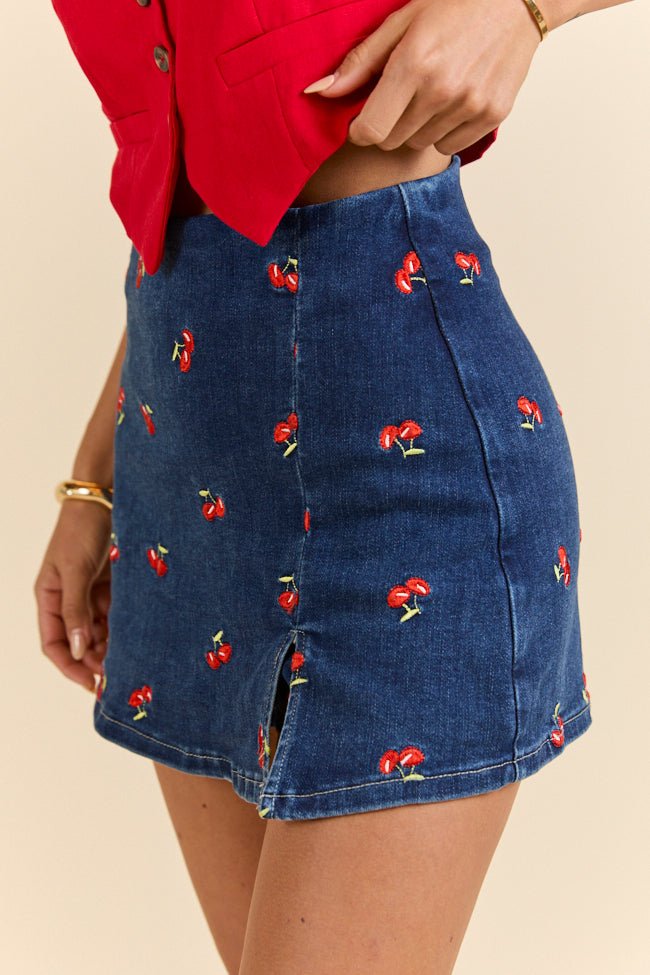 My Favorite Dark Wash Cherry Embroidered Side Slit Denim Skort - ShopLorca