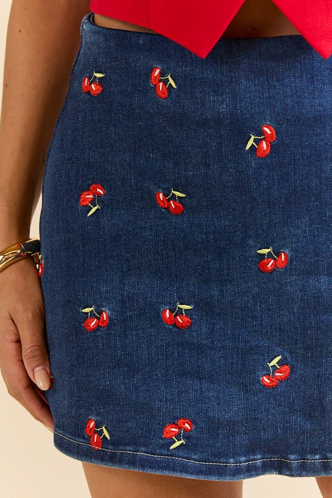 My Favorite Dark Wash Cherry Embroidered Side Slit Denim Skort - ShopLorca