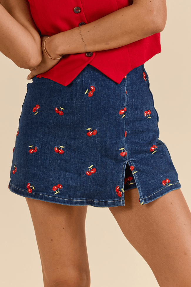 My Favorite Dark Wash Cherry Embroidered Side Slit Denim Skort - ShopLorca