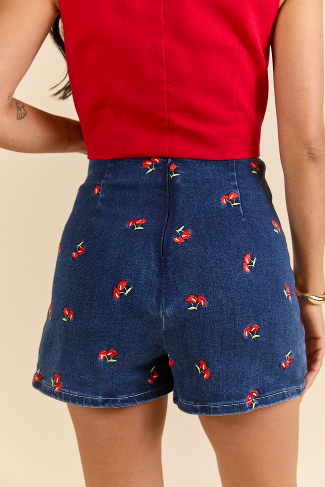My Favorite Dark Wash Cherry Embroidered Side Slit Denim Skort - ShopLorca