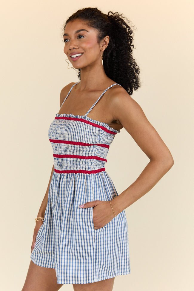 Simple Joy Smocked Seersucker Blue Plaid Romper - ShopLorca