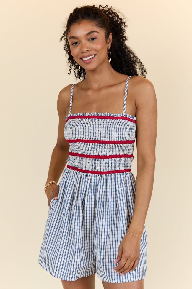 Simple Joy Smocked Seersucker Blue Plaid Romper - ShopLorca