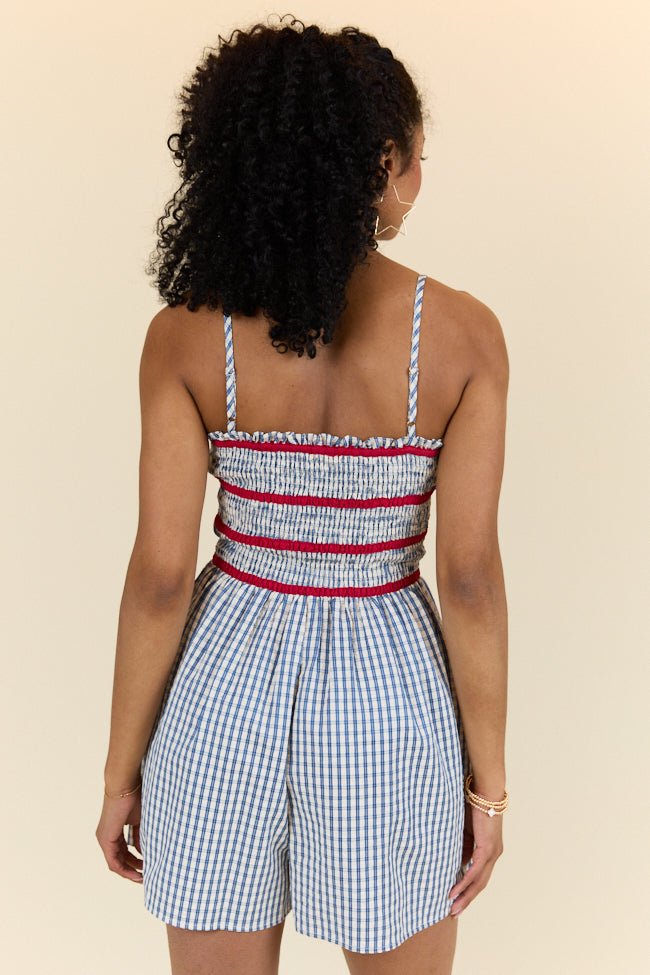 Simple Joy Smocked Seersucker Blue Plaid Romper - ShopLorca