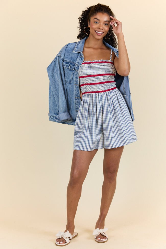 Simple Joy Smocked Seersucker Blue Plaid Romper - ShopLorca