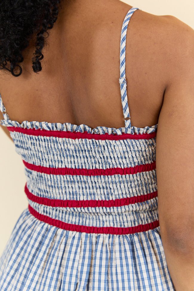 Simple Joy Smocked Seersucker Blue Plaid Romper - ShopLorca