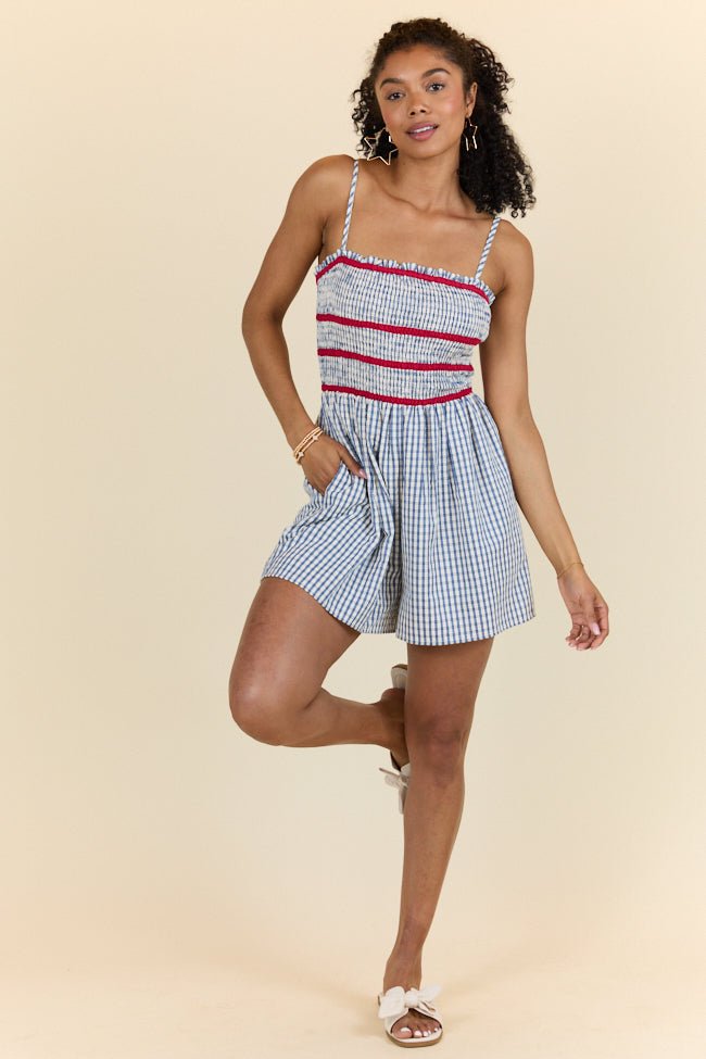 Simple Joy Smocked Seersucker Blue Plaid Romper - ShopLorca